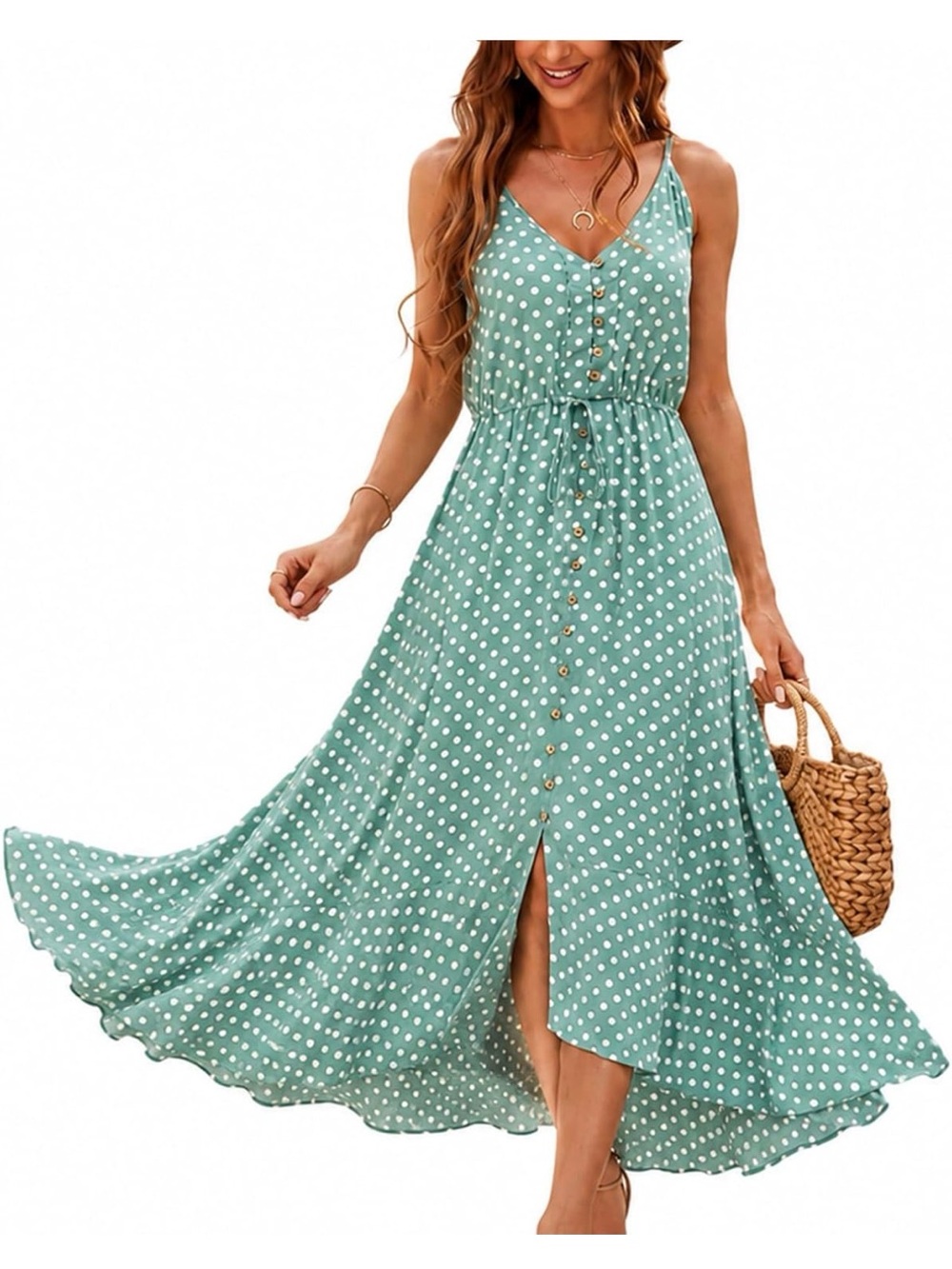Polka Dot V-Neck Midi Dress - Sage Green